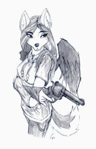 Rating: Safe Score: 0 Tags: 2012 anthro canid canine canis clothing e621 feathered_wings feathers female fleur-de-lis greyscale gun hair handgun hi_res jewelry makosushi mammal marli_(character) monochrome necklace ranged_weapon revolver simple_background solo tail weapon white_background wings wolf User: bunchy7s