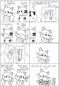 Rating: Safe Score: 0 Tags: anthro black_and_white comic dialogue domestic_cat drawing_(object) drawing_in_a_drawing duo e621 english_text eyebrows felid feline felis hi_res jaguar jeff_(pronista) male mammal monochrome pantherine pornography pronista raised_eyebrow roy_mccloud sam_(pronista) sound_effects text whiskers User: bunchy7s