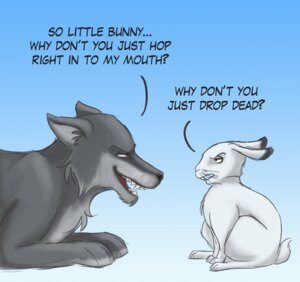 Rating: Safe Score: 0 Tags: ambiguous_gender angry blue_background canid canine canis caption colored duo e621 english_text eye_contact feral fur gradient_background hare inner_ear_fluff lagomorph leporid looking_at_another mammal side_view simple_background size_difference snowshoe_hare text tuft unimpressed uppun whiskers wolf yellow_eyes User: bunchy7s
