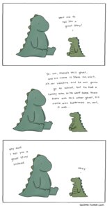 Rating: Safe Score: 0 Tags: age_difference ambiguous_gender comic dialogue dinosaur e621 english_text eye_contact father_(lore) feral hi_res humor liz_climo looking_at_another parent_(lore) prehistoric_species reptile scalie simple_background son_(lore) text url white_background young young_ambiguous young_feral User: bunchy7s