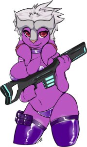 Rating: Questionable Score: 0 Tags: anthro bra breast_squish breasts clothed clothing collar cyn. digital_media_(artwork) e621 female glowing gun hair head_plate head_tail kraskit leather legwear navel panties purple_body purple_skin ranged_weapon red_eyes red_nose rifle skimpy smile solo squish stockings tabitha_terleir underwear weapon white_hair User: bunchy7s