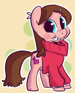 Rating: Safe Score: 0 Tags: 2012 adolescent alternate_species blush braces clothing crossover cutie_mark disney e621 equid equine female feral gravity_falls hasbro horse looking_at_viewer mabel_pines mammal my_little_pony ponification pony quadruped solo style_emulation sweater tail topwear unknown_artist young young_feral User: bunchy7s