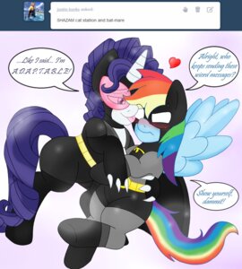 Rating: Safe Score: 0 Tags: 2013 bat_symbol batman batman_(series) blackbewhite2k7 blue_body blue_feathers blue_fur catwoman clothing cosplay crossgender crossover crossover_cosplay dc_comics dialogue duo e621 english_text equid equine feathered_wings feathers female feral friendship_is_magic fur hair half-closed_eyes hasbro heart_symbol hi_res horn mammal multicolored_hair multicolored_tail my_little_pony mythological_creature mythological_equine mythology narrowed_eyes pegasus rainbow_dash_(mlp) rainbow_hair rainbow_tail rarity_(mlp) tail text tongue tongue_out tumblr unicorn white_body white_fur wings User: bunchy7s