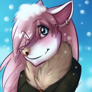 Rating: Safe Score: 0 Tags: 1:1 2012 ambiguous_gender anthro blue_background blue_eyes blush canid canine clothing cold digital_media_(artwork) e621 ear_piercing female fur hair jacket mammal outside piercing pink_body pink_fur pink_hair pointy_ears prick_ears roxy_bradingham simple_background smile snow snowing solo topwear wolflady User: bunchy7s