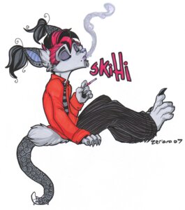 Rating: Safe Score: 0 Tags: 2007 accessory alternative_fashion anthro biped black_hair cigarette clothed clothing e621 ear_piercing ear_tuft eyes_closed facial_piercing fur glamfur goth grey_body grey_fur hair lip_piercing male mall_goth mohawk necktie nose_piercing pattern_clothing piercing pink_hair pinstripes septum_piercing short_hair simple_background sitting skihi smoke smoking solo striped_clothing stripes tail traditional_media_(artwork) tuft unknown_species white_background zeriara User: bunchy7s