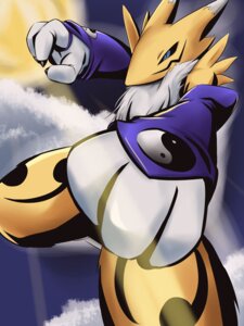 Rating: Safe Score: 0 Tags: 3:4 3_fingers ambiguous_gender anthro armwear bandai_namco black_sclera blue_eyes bridal_gauntlets canid canine chest_tuft claws clothing day digimon digimon_(species) dipstick_ears e621 ear_markings fingers fur mammal markings mostly_nude multicolored_ears outside punch renamon sakamata_orca solo sun tuft white_body white_fur yellow_body yellow_fur User: bunchy7s