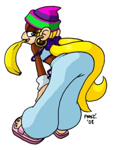 Rating: Safe Score: 0 Tags: 2008 alternative_fashion amekaji blonde_hair blue_eyes butt clothing donkey_kong_(series) e621 ear_piercing ear_ring female footwear ganguro_(fashion) gyaru hair haplorhine hoop_ear_ring j-fashion kong looking_at_viewer mammal midriff monkey nintendo piercing pigtails praiz primate ring_piercing sandals shoes solo tiny_kong y2k_(fashion) User: bunchy7s