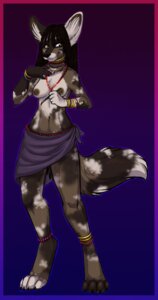 Rating: Questionable Score: 0 Tags: african_wild_dog ajna anthro biped breasts canid canine clothed clothing digitigrade e621 female gradient_background hair hi_res long_hair mammal nipples simple_background skimpy solo standing tail topless User: bunchy7s