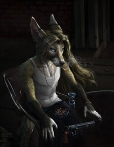 Rating: Safe Score: 0 Tags: alcohol anthro ashtray beverage bjpentecost blue_eyes canid canine cigarette detailed detailed_background e621 fennec_fox food fox fur gun hair handgun hi_res jewelry long_hair male mammal painting_(object) ranged_weapon realistic_anthro revolver scar smoke smoking solo toony true_fox weapon User: bunchy7s