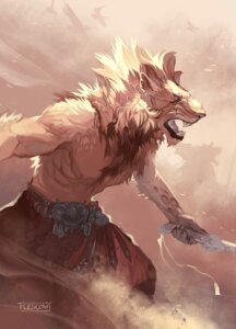 Rating: Safe Score: 0 Tags: 2014 abstract_background belt centradragon clothed clothing dust e621 fangs felid lion male mammal open_mouth pantherine simple_background solo teeth topless weapon User: bunchy7s
