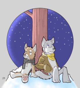 Rating: Safe Score: 0 Tags: 7theaven anthro canid canine canis clothing domestic_dog duo e621 feet fox_(housepets!) hindpaw housepets! king_(housepets!) male mammal pawpads paws scarf sitting smile tail User: bunchy7s