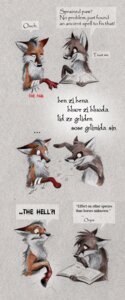 Rating: Safe Score: 0 Tags: bandage book canid canine dialogue duo e621 english_text feral fox german_text hi_res hooves magic male mammal merseburg_incantations never_trust_a_fox pain pattern_background simple_background skia text transformation translated User: bunchy7s