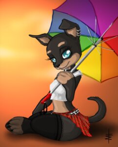 Rating: Safe Score: 0 Tags: 2012 abstract_background anthro belt biped black_body black_fur blue_eyes bottomwear canid canine canis clothing collar domestic_dog e621 ear_piercing female fur legwear looking_at_viewer mammal mastiff molosser piercing rottweiler shirt signature simple_background sitting skirt solo stockings tail tank_top topwear tt-n umbrella User: bunchy7s