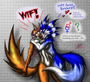 Rating: Questionable Score: 0 Tags: 2009 5_fingers anthro black_nose blue_body blue_fur blue_hair breasts brown_body brown_fur canid canine canis duo e621 english_text farah_(snowfyre) female fingers fur g-sci_(snowfyre) hair horn hug long_hair mammal monster_rancher nude open_mouth pink_hair snowfyre standing tecmo text tiger_(monster_rancher) tongue white_body white_fur wolf User: bunchy7s
