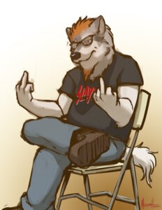 Rating: Safe Score: 0 Tags: 2011 anthro biped boots canid canine canis clothed clothing digital_media_(artwork) e621 eyewear footwear fur gesture glasses hair hand_gesture male mammal meesh middle_finger orange_hair shoes simple_background sitting slayer_(band) solo tail white_background wolf User: bunchy7s