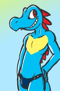 Rating: Safe Score: 0 Tags: anthro blue_body blue_skin bulge clothed clothing crocodilian e621 generation_2_pokemon hand_on_hip lizkmb looking_at_viewer male nintendo pokemon pokemon_(species) red_eyes reptile scalie simple_background skimpy smile solo speedo swimwear toony topless totodile white_background User: bunchy7s