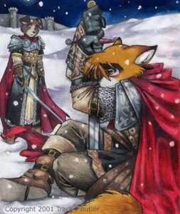 Rating: Safe Score: 0 Tags: 2001 ainessa's_martyrs anthro armor canid canine canis cape castle clothing domestic_dog e621 fox fox_keegan group low_res male mammal melee_weapon outside snow sword tracy_j._butler traditional_media_(artwork) weapon User: bunchy7s