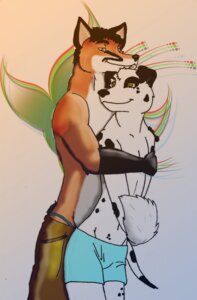 Rating: Safe Score: 0 Tags: anthro bottomwear canid canine canis clothed clothing dalmatian domestic_dog duo e621 fox hi_res hug kawolfsdream male mammal shorts tail thong topless traced underwear User: bunchy7s