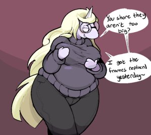 Rating: Questionable Score: 0 Tags: adventure_time anthro anthrofied big_breasts blonde_hair breasts cartoon_network clothing e621 english_text equid equine ethel_rainicorn eyewear female glasses hair horn mammal mature_anthro mature_female mythological_creature mythological_equine mythology overweight overweight_anthro overweight_female rainicorn solo sweater text thick_thighs topwear unicorn unknown_artist wide_hips User: bunchy7s