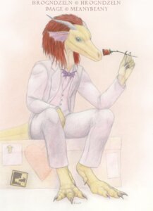 Rating: Safe Score: 0 Tags: 2004 anthro bow_(feature) bow_tie box claws clothed clothing container digitigrade dragon e621 elegant flower fully_clothed green_eyes hair heart_symbol horn hrogndzeln hrogndzeln_(copyright) male meanybeany mythological_creature mythological_scalie mythology plant red_hair rose_(flower) scalie solo suit tail traditional_media_(artwork) yellow_body User: bunchy7s