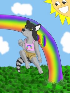Rating: Safe Score: 0 Tags: amber_eyes anthro clothing detailed_background e621 feathered_wings feathers grandfathered_content male mammal mercury_(artist) parody pink_clothing procyonid raccoon rainbow rainbow_arch smiley_sun solo sun tail toony wings User: bunchy7s