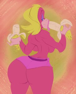 Rating: Questionable Score: 0 Tags: 2014 anthro ape banana big_breasts big_butt blonde_hair blue_eyes breasts butt candy_kong clothed clothing donkey_kong_(series) e621 eating female food food_fetish fruit hair haplorhine kong looking_at_viewer looking_back mammal monkey nintendo plant primate slb solo suggestive suggestive_food topless User: bunchy7s
