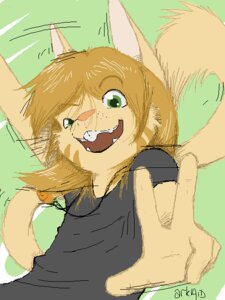 Rating: Safe Score: 0 Tags: 3:4 5_fingers action_pose aliasing ambiguous_gender anthro arkaid blonde_hair clothing digital_media_(artwork) domestic_cat e621 felid feline felis fingers fur gesture green_eyes hair humanoid_hands hybrid jewelry lagomorph leporid looking_at_viewer mammal motion_lines necklace oekaki open_mouth open_smile pose rabbit raised_tail shirt smile solo tail tan_body tan_fur topwear User: bunchy7s