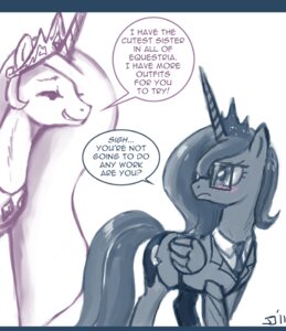 Rating: Safe Score: 0 Tags: 2011 accessory ask_princess_molestia blush bottomless business_suit clothed clothing crown dialogue duo e621 english_text equid equine eyes_closed eyewear fan_character feathered_wings feathers female feral friendship_is_magic glasses hair hasbro headgear horn john_joseco letterbox long_hair mammal monochrome my_little_pony mythological_creature mythological_equine mythology necktie pince-nez princess_celestia_(mlp) princess_luna_(mlp) princess_molestia quadruped sibling_(lore) simple_background sister_(lore) sisters_(lore) smile suit tail text tiara tumblr white_background winged_unicorn wings User: bunchy7s