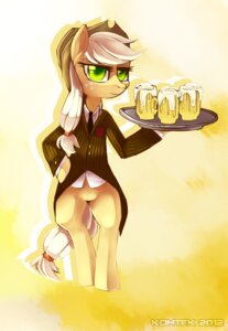 Rating: Safe Score: 0 Tags: 2012 accessory alcohol anthro applejack_(mlp) beverage biped blonde_hair bottomless cider clothed clothing costume cowboy_hat e621 earth_pony equid equine female food freckles friendship_is_magic green_eyes hair hasbro hat headgear headwear hi_res horse kohtek long_hair mammal my_little_pony necktie pony shirt solo standing suit tail topwear waiter User: bunchy7s
