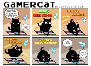 Rating: Safe Score: 0 Tags: accuracy_judgement ambiguous_gender bemani black_body black_fur comic dance_dance_revolution dancing dialogue domestic_cat e621 english_text fairy felid feline felis fur gamercat_(character) grid_layout konami like_a_boss mammal navi nintendo ocarina_of_time overweight rhythm_game samantha_whitten six_frame_image slightly_chubby tail text the_gamercat the_legend_of_zelda User: bunchy7s