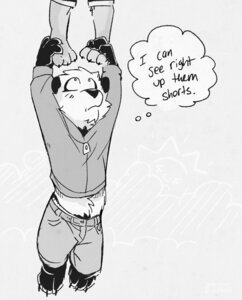 Rating: Safe Score: 0 Tags: 3_toes 4_fingers anthro barefoot bear belt bottomwear claws clothed clothing dangling duo e621 english_text feet fingers front_view frown fully_clothed fur giant_panda greyscale jacket looking_up male mammal midriff monochrome pants shorts solo_focus super-tuler tairu text thought_bubble toes toony topwear User: bunchy7s