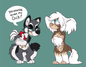 Rating: Safe Score: 0 Tags: amber_eyes annoyed anthro avian beak bird breasts brown_body brown_fur canid canine canis chicken crossed_arms dark_body dark_fur duo e621 ear_piercing english_text featureless_crotch female fur galliform green_eyes hair humor innuendo looking_at_viewer male mammal phasianid piercing pun smile spamcat text white_hair wolf User: bunchy7s