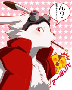 Rating: Safe Score: 0 Tags: ambiguous_gender anthro blush bodily_fluids chest_tuft clothing duo e621 eyewear food fur goggles inumania jacket king_kazma lagomorph leporid male mammal pocky polly_possum rabbit red_eyes summer_wars sweat teeth topwear tuft y2k_(graphic_design) User: bunchy7s