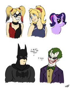Rating: Safe Score: 0 Tags: 2012 4:5 alternate_hairstyle bat_symbol batman batman_(series) batman_arkham_city blonde_hair blue_eyes bow_(feature) bow_tie cheerleader clothing crossover dc_comics e621 english_text equid equine eyewear female friendship_is_magic fur glasses green_hair group hair harley_quinn hasbro hood horn human juliet_starling lipstick lollipop_chainsaw makeup male mammal mixermike622 multicolored_hair my_little_pony mythological_creature mythological_equine mythology pigtails pink_hair purple_body purple_fur purple_hair smile suit sunglasses text the_joker twilight_sparkle_(mlp) two_tone_hair unicorn User: bunchy7s