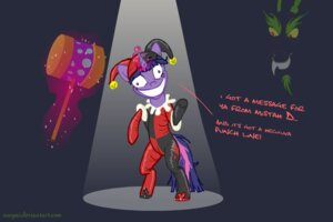 Rating: Safe Score: 0 Tags: 3:2 batman_(series) chimera clothed clothing clown clubs_(suit) cosplay costume crossover dc_comics diamonds_(suit) discord_(mlp) draconequus duo e621 english_text equid equine evil_grin facial_hair female feral fool's_hat friendship_is_magic fur goatee grey_background hair hammer harley_quinn hasbro hat headgear headwear heart_symbol horse insane lesson_zero magic male mammal multicolored_hair my_little_pony pony purple_body purple_eyes purple_fur purple_hair red_eyes simple_background smile snapai snapal suit_symbol tail teeth text the_joker tools twilight_sparkle_(mlp) two_tone_hair yellow_sclera User: bunchy7s