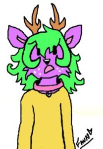 Rating: Safe Score: 0 Tags: ambiguous_gender anthro antlers clothed clothing collar deer digital_media_(artwork) e621 faun_(artist) freckles fur green_hair hair half-length_portrait horn low_res mammal portrait purple_body purple_fur shirt signature simple_background solo topwear white_background yellow_clothing yellow_topwear User: bunchy7s