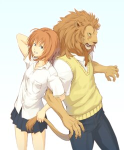Rating: Safe Score: 0 Tags: afd-yred anthro blue_eyes clothing duo e621 felid female green_eyes kouta lion male mammal pantherine school_uniform simple_background smile standing tail uniform white_background User: bunchy7s