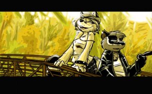 Rating: Safe Score: 0 Tags: anthro bassariscus black_body black_fur black_nose bridge clothed clothing detailed_background duo e621 eira_gynne emmm female fluffy fluffy_tail fur gesture grey_body grey_fur half-closed_eyes hand_gesture hat headgear headwear humanoid_hands jacket leather leather_clothing leather_jacket leather_topwear letterbox looking_at_viewer mammal multicolored_body multicolored_fur narrowed_eyes nature open_mouth open_smile outside pink_tongue plant pointing procyonid raccoon ring-tailed_cat shirt slim smile tail teeth tongue topwear white_body white_fur wristband y?_(comic) User: bunchy7s