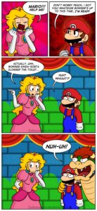 Rating: Safe Score: 0 Tags: anthro bowser clothing collar comic dialogue e621 english_text facial_hair fangs female gabasonian hi_res human human_focus humor koopa male mammal mario mario_bros nintendo not_furry_focus princess_peach scalie teeth text User: bunchy7s