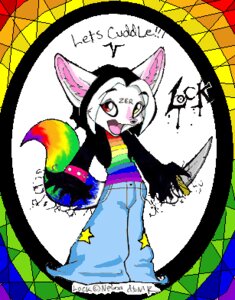 Rating: Safe Score: 0 Tags: 2003 alternative_fashion anthro black_hair bottomwear canid canine chival clothed clothing colorful_theme dialogue e621 english_text female fox glamfur hair heterochromia knife lock_(kakumatsurou) low_res mammal open_mouth pants rainbow shirt short_hair smile solo sparklefur star tail text tongue topwear weapon white_hair User: bunchy7s