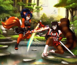 Rating: Questionable Score: 0 Tags: action_pose ailurid anthro asian_clothing battle big_breasts black_hair blue_hair breasts canid canine claws cleavage clenched_teeth clothed clothing detailed_background duo e621 ear_piercing east_asian_clothing female fight fingerless_gloves fishnet_clothing footwear forest fox gloves green_eyes hair handwear holding_melee_weapon holding_object holding_sword holding_weapon industrial_piercing japanese_clothing jumping katana kimono kneeling lake legwear leona_(therosebush) mammal markings melee_weapon mewpan nature outside panties panty_shot piercing plant pose red_panda ring_(marking) ringed_tail sandals sayuri shoes socks striped_markings striped_tail stripes sword tail tail_markings teeth third-party_edit toe_claws tree underwear upskirt weapon wood yellow_eyes User: bunchy7s