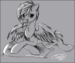 Rating: Safe Score: 0 Tags: 2014 black_border border cutie_mark daxhie e621 equid equine fan_character feathered_wings feathers female fur hair hasbro looking_at_viewer mammal monochrome my_little_pony mythological_creature mythological_equine mythology pegasus pillow smile solo tongue tongue_out tumblr wings User: bunchy7s