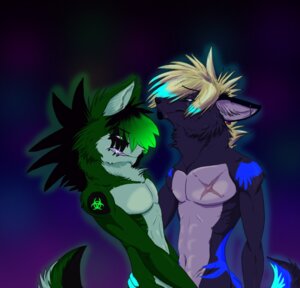 Rating: Questionable Score: 0 Tags: aatu anthro biohazard_symbol blue_eyes blue_markings canid canine canis duo e621 eye_contact glowing green_eyes hazard_symbol looking_at_another male mammal markings novabulff novawulf smile symbol tail wolf User: bunchy7s