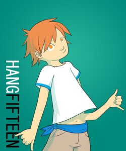 Rating: Safe Score: 0 Tags: bottomwear clothing e621 g-plus green_background hair hi_res human human_only male mammal multi_limb navel not_furry orange_eyes orange_hair pants shirt simple_background solo text topwear unusual_anatomy unusual_arm_placement what young User: bunchy7s