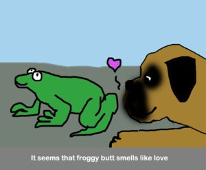 Rating: Safe Score: 0 Tags: 2012 ambiguous_gender amphibian butt canid canine canis domestic_dog duo e621 feral frog funnyortragic happy heart_symbol mammal sniffing toony unknown_artist what User: bunchy7s