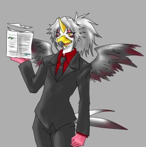 Rating: Safe Score: 0 Tags: accessory anthro avian beak bird clothed clothing demon e621 feathered_wings feathers fully_clothed male necktie pandemonium_company paper pixiv_project solo suit unknown_artist wings User: bunchy7s