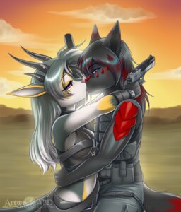 Rating: Safe Score: 0 Tags: abluedeer anthro breasts canid canince canine clothing detailed_background digital_media_(artwork) dipstick_tail duo e621 eye_contact eyebrows eyelashes female gun handgun holding_gun holding_object holding_ranged_weapon holding_weapon horn kiss_on_lips kissing looking_at_another male male/female mammal markings obsidian_(character) outside pistol ranged_weapon red_eyes romantic romantic_ambiance romantic_couple shaded spragon tail tail_markings weapon User: bunchy7s