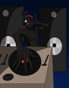 Rating: Safe Score: 0 Tags: 5_fingers anthro biped black_body black_claws black_nose black_skin canid canine canis claws clothing crocdragon89 digital_media_(artwork) disc_jockey e621 electronics fingers foreshortening front_view green_eyes half-length_portrait headphones humanoid_pointy_ears kerchief lupine_assassin male mammal one_eye_closed pointy_ears portrait record_player smile solo speaker three-quarter_view turntable_(decks) wink wolf User: bunchy7s