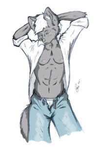 Rating: Questionable Score: 0 Tags: anthro belt biped bottomwear canid canine clothed clothing e621 eyes_closed front_view fur grey_body grey_fur hair hands_behind_head male mammal nipples open_clothing open_shirt open_topwear pants partially_clothed pose purpurn rolled_up_sleeves shirt short_hair simple_background sketch solo standing tail topwear underwear undressing white_background white_hair User: bunchy7s