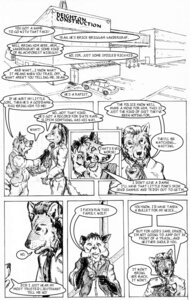 Rating: Questionable Score: 0 Tags: accessory anthro black_and_white canid canine clothing comic dialogue duo e621 english_text fox hair mafia male mammal monochrome mulefoot necktie profanity slop suit text User: bunchy7s